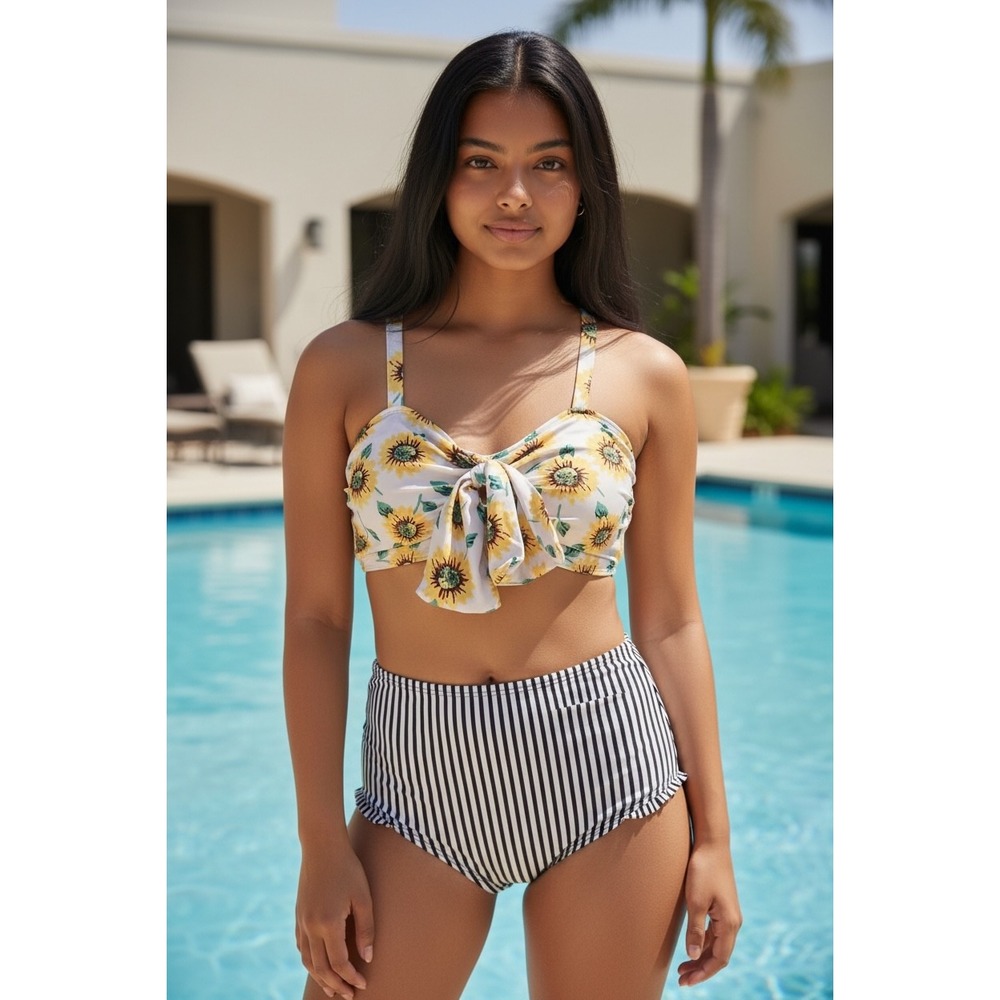 Rosegal Womens Sunflower Striped High Waisted Bikini White Yellow Black L NWT